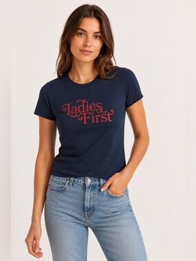 Heather Harlan Ladies First Graphic Tee Navy Blue Size Small Cotton Feminist